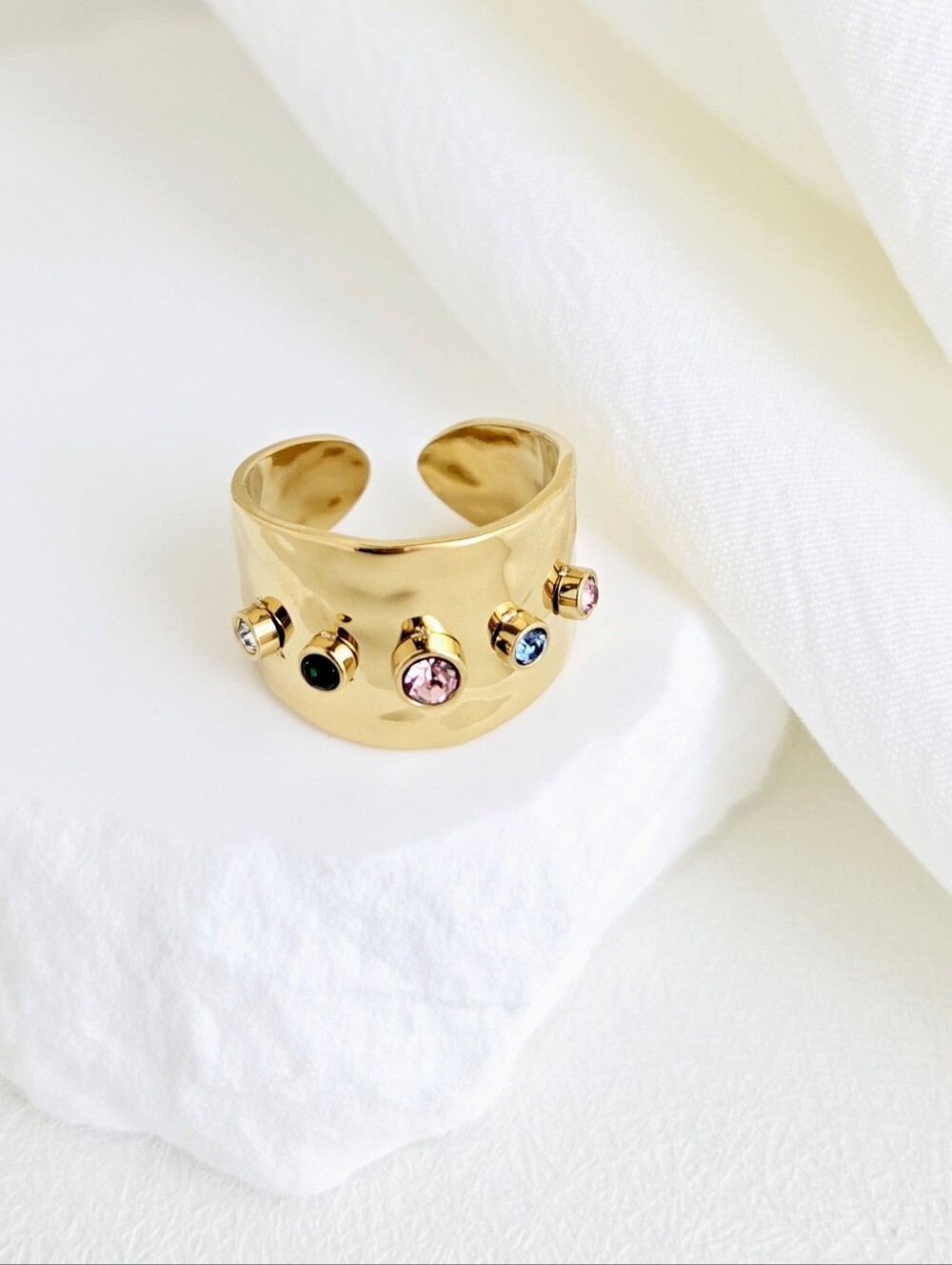 Glossy Gold Multi Color Stone Ring